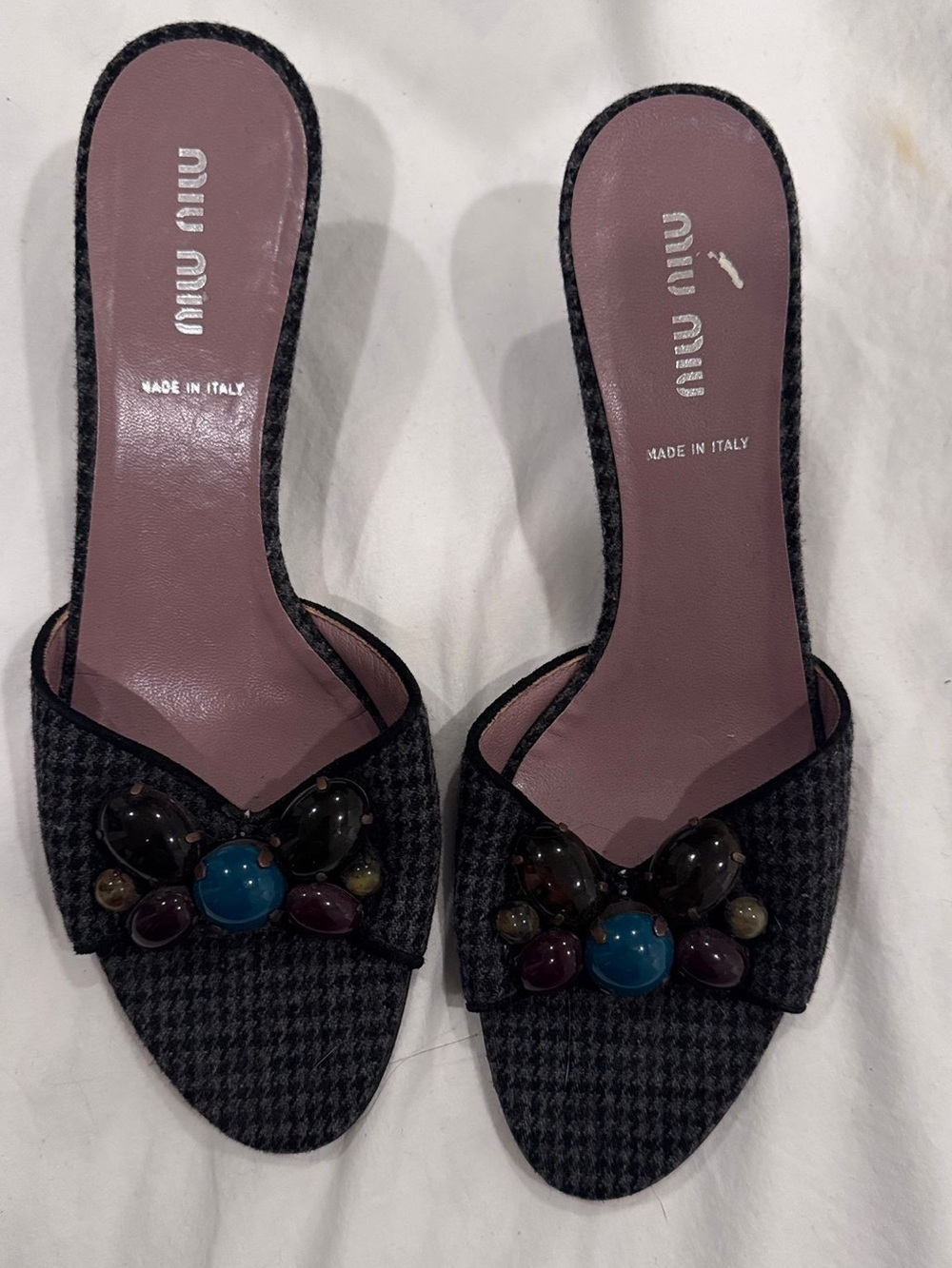 Miu Miu VINTAGE Original Black Tweed Jeweled Mule Slides with Multicolor Stones